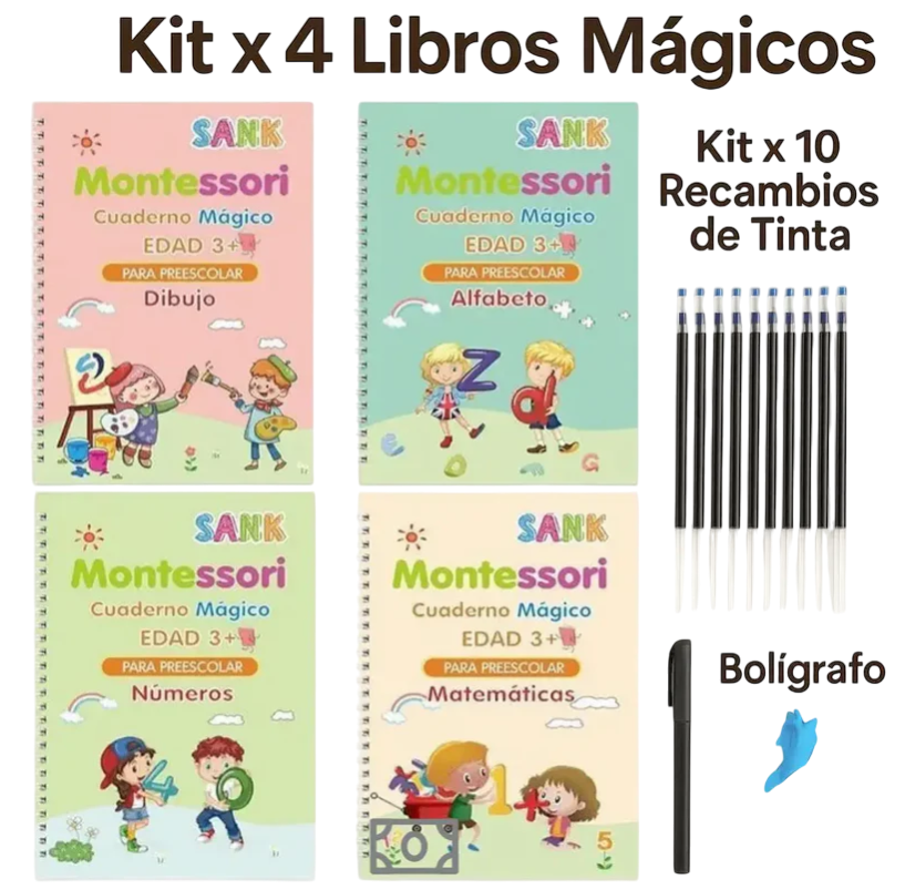 KIT X 4 LIBROS DE CALIGRAFÍA TINTA MÁGICA REUTILIZABLE